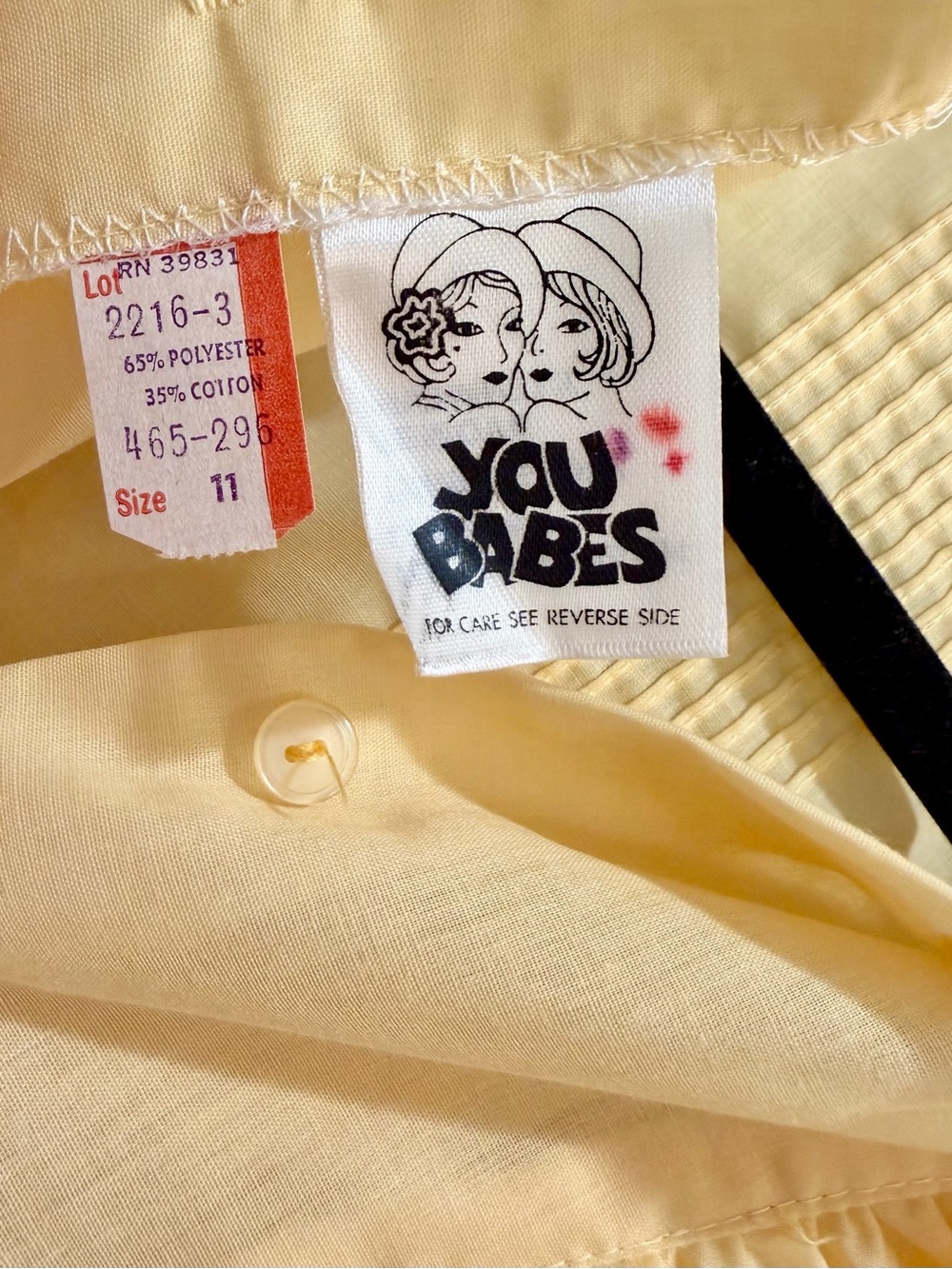 Vintage 70s You Babes Pastel Yellow Ruffle Tuxedo Pleat Blouse Back Button Sz S - Picture 5 of 16
